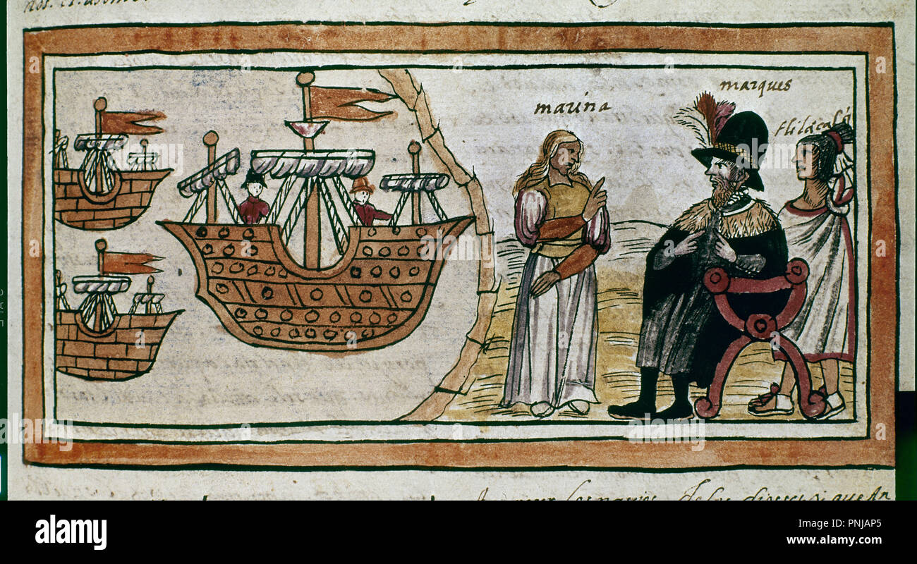 École d'espagnol. Conquête du Mexique : l'arrivée des navires et la réunion est Hernan Cortes Marina. Conquista de Mexico : arrivée de naves y conoce Hernan Cortés une marina. Manuscrit du 16e siècle. Madrid, bibliothèque nationale. Auteur : DURAN, DIEGO. Emplacement : BIBLIOTECA NACIONAL-COLECCION. MADRID. L'ESPAGNE. Banque D'Images