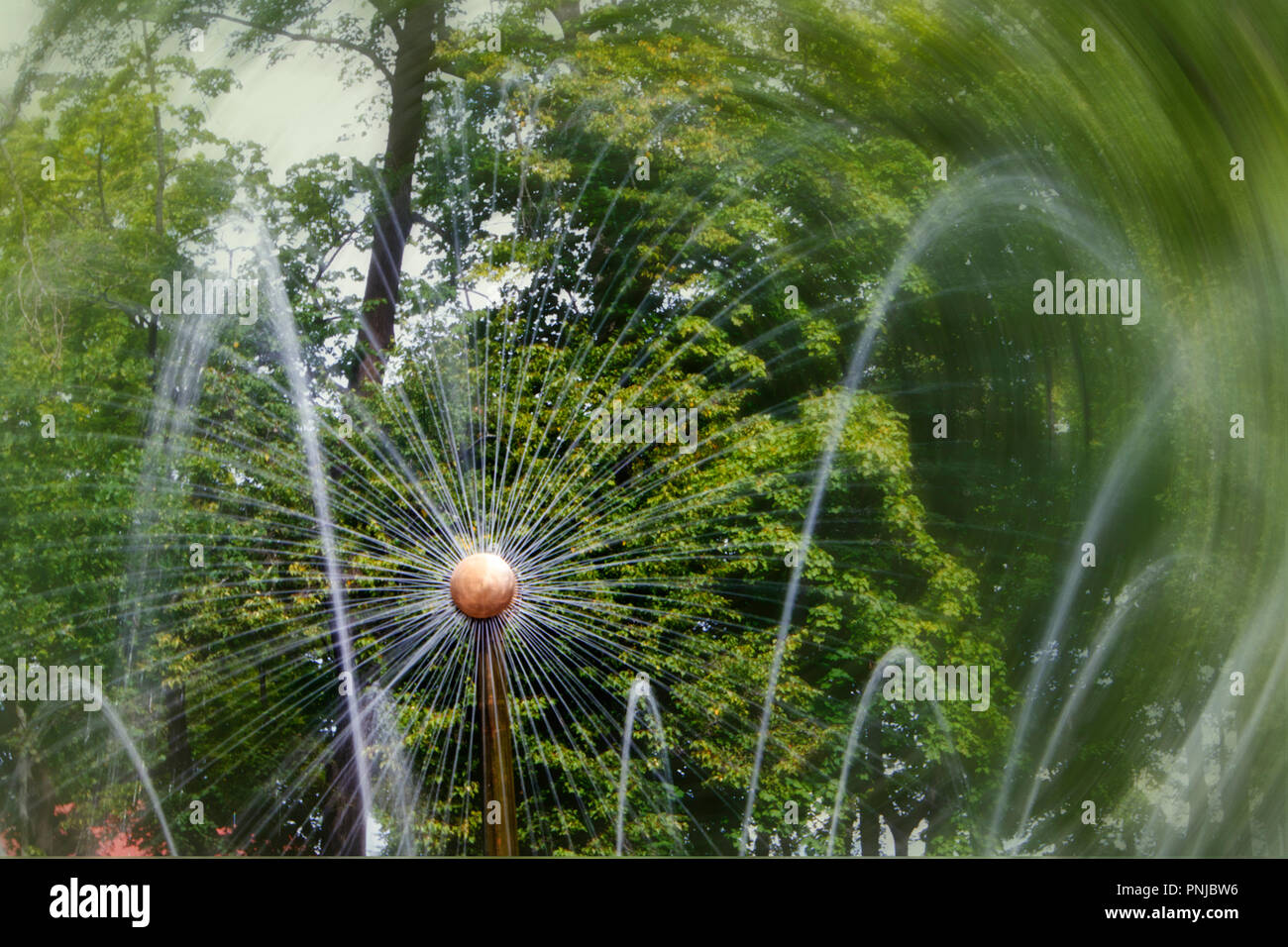 Sun-fontaine avec jets lisse floue circulaire dans le parc luxuriant feuillage vert contre Banque D'Images