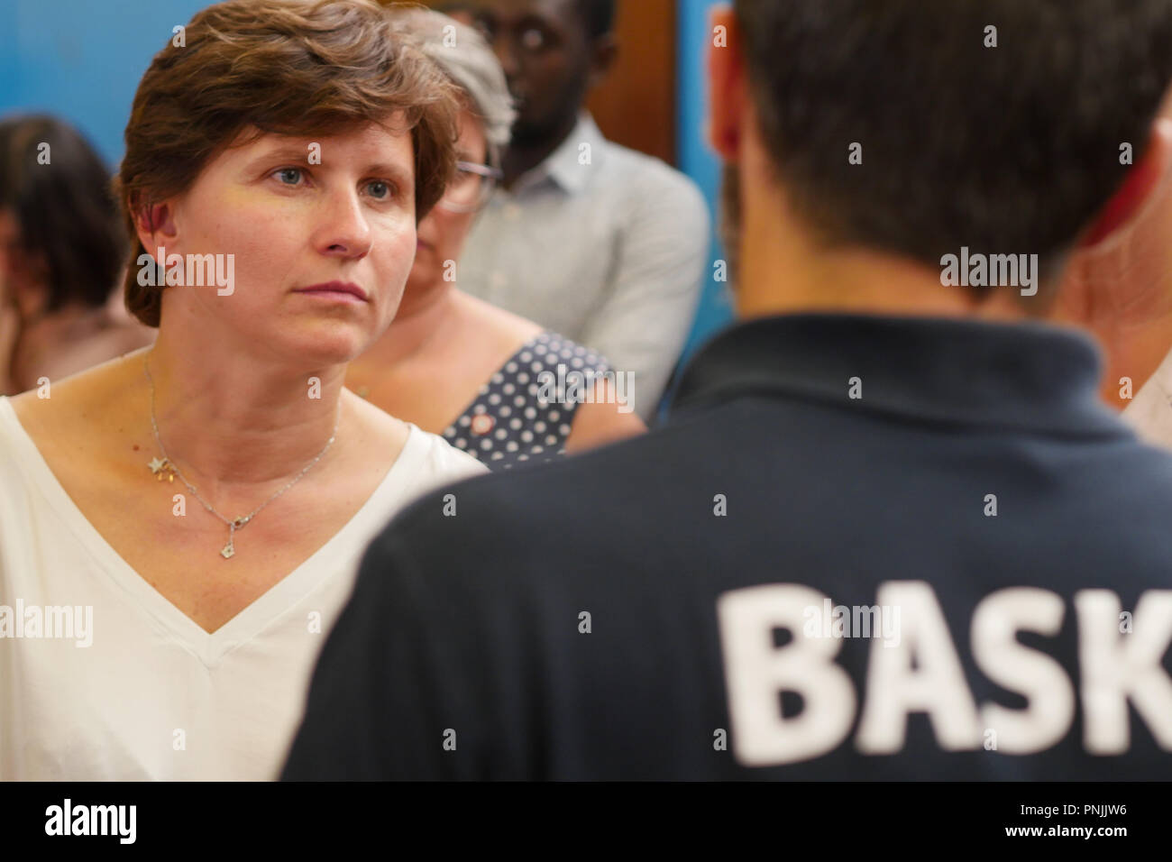 Villeurbanne, France, September 20th, 2018 : accompagné par Frédérique Vidal, Ministre de l'enseignement supérieur, ancien champion de natation et nouvellement promot Banque D'Images