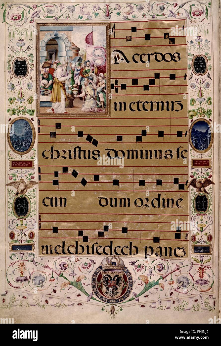 ANTIFONARIO DE CARLOS V-MELQUISIDEC Y ABRAHAM.TEXTO Y NOTAC ENCORE DE:JUAN ESCOBEDO. Auteur : RAIMUNDI. Emplacement : BIBLIOTECA NACIONAL-COLECCION. MADRID. L'ESPAGNE. Banque D'Images