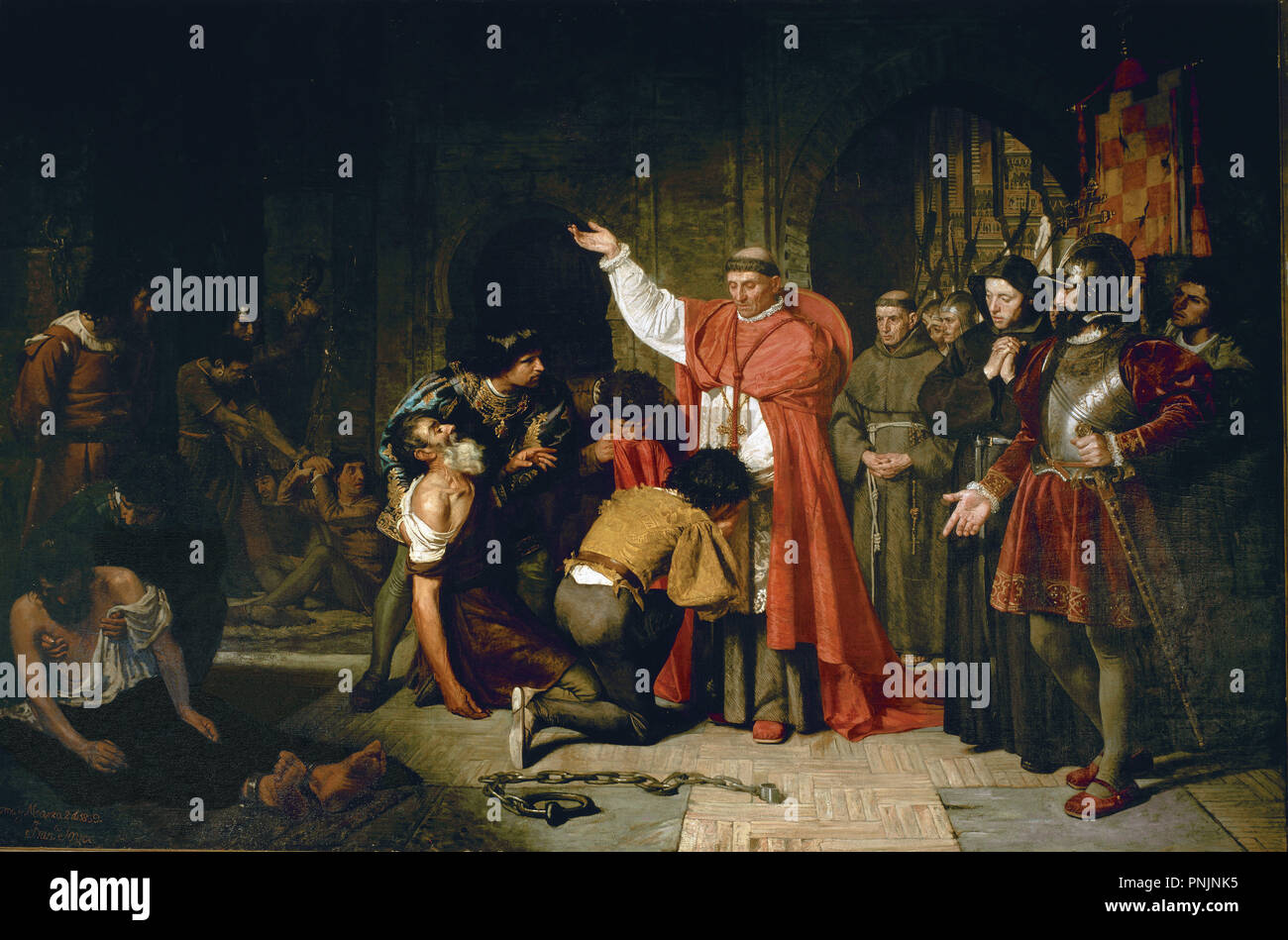 'El Cardenal Cisneros, en Orán, liberando cautivos', 1869, huile sur toile, 289 x 433 cm, P5732 (après restauration). Auteur : JOVER Y CASANOVA, FRANCISCO. Emplacement : SENADO-PINTURA. MADRID. L'ESPAGNE. Banque D'Images