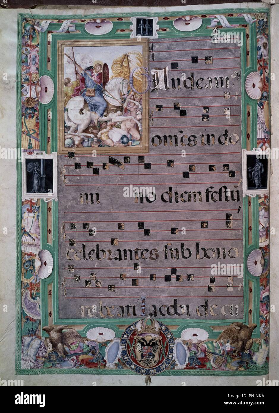 ANTIFONARIO DE CARLOS V - AÑO 1530-F 20V-SANTIAGO MATAMOROS POR VICENTE RAIMUNDI. Auteur : MARTIN SCHONGAUER,. Emplacement : BIBLIOTECA NACIONAL-COLECCION. MADRID. L'ESPAGNE. Banque D'Images