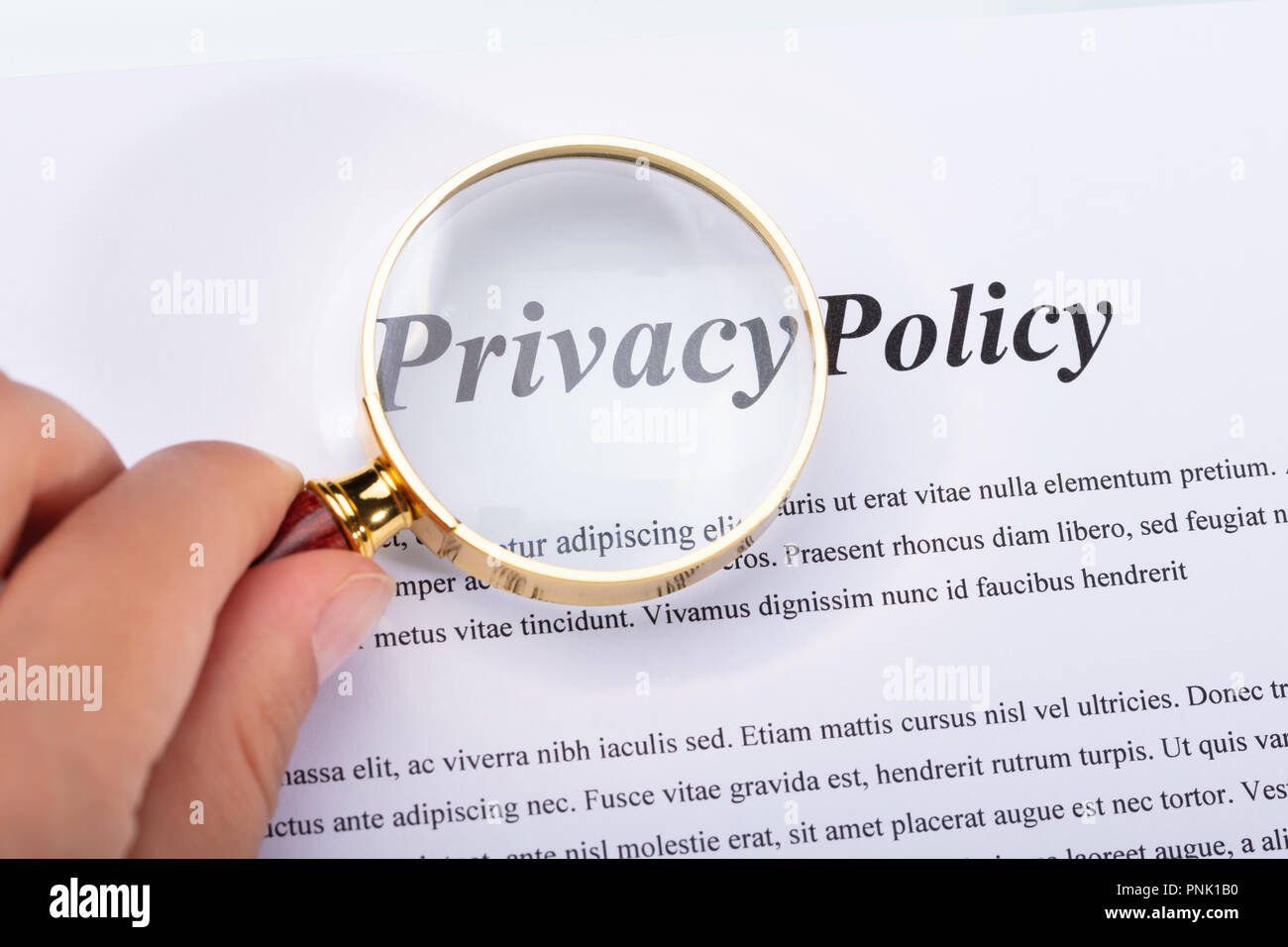 Close-up of a Woman's Hand Holding Loupe sur Formulaire de Politique de confidentialité Banque D'Images