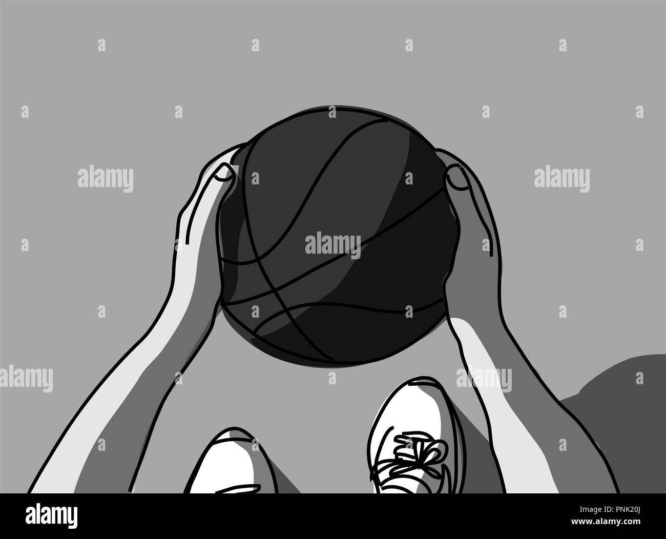 Mains pieds et la balle de basket-ball vue du dessus gris. Vector illustration monochrome. Spe8 Illustration de Vecteur
