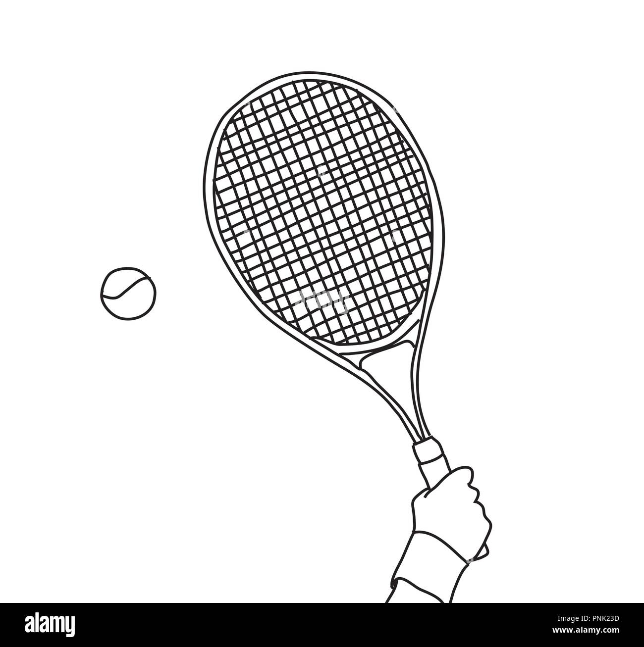 Raquette de tennis à la main ligne noir et blanc Illustration de Vecteur