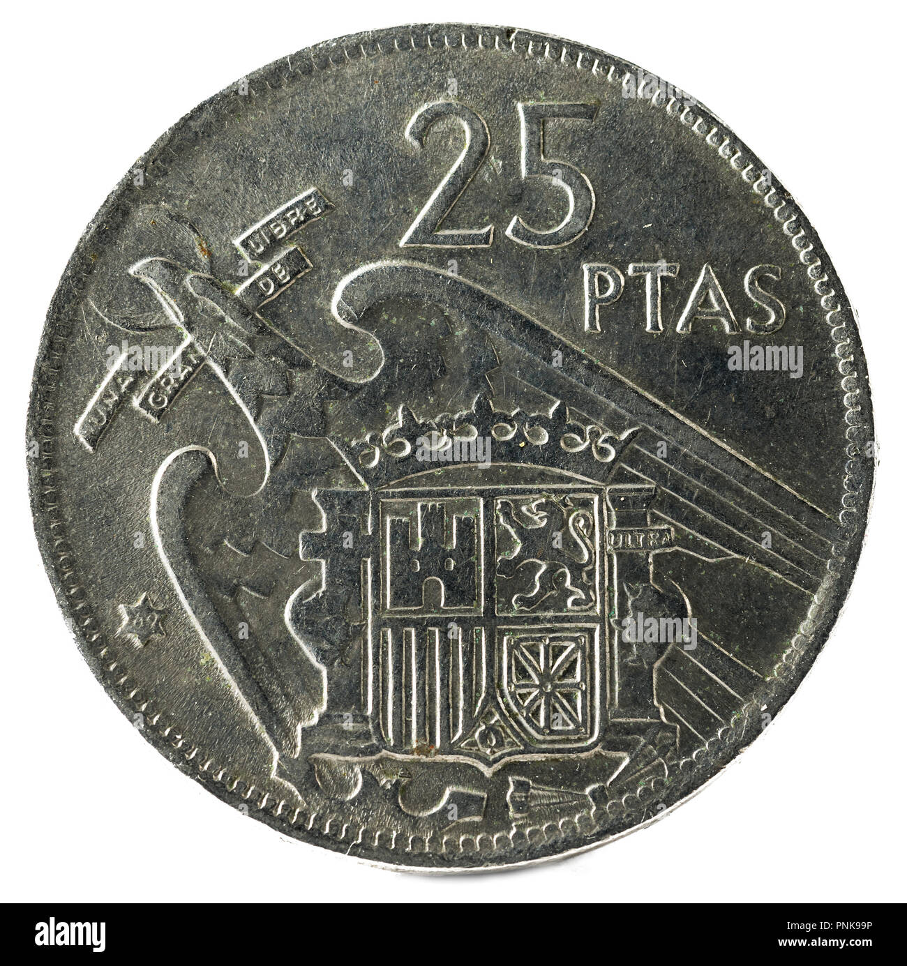 Ancienne pièce de 25 pesetas espagnoles, Francisco Franco. Année 1957, 69 dans l'étoile. Marche arrière. Banque D'Images