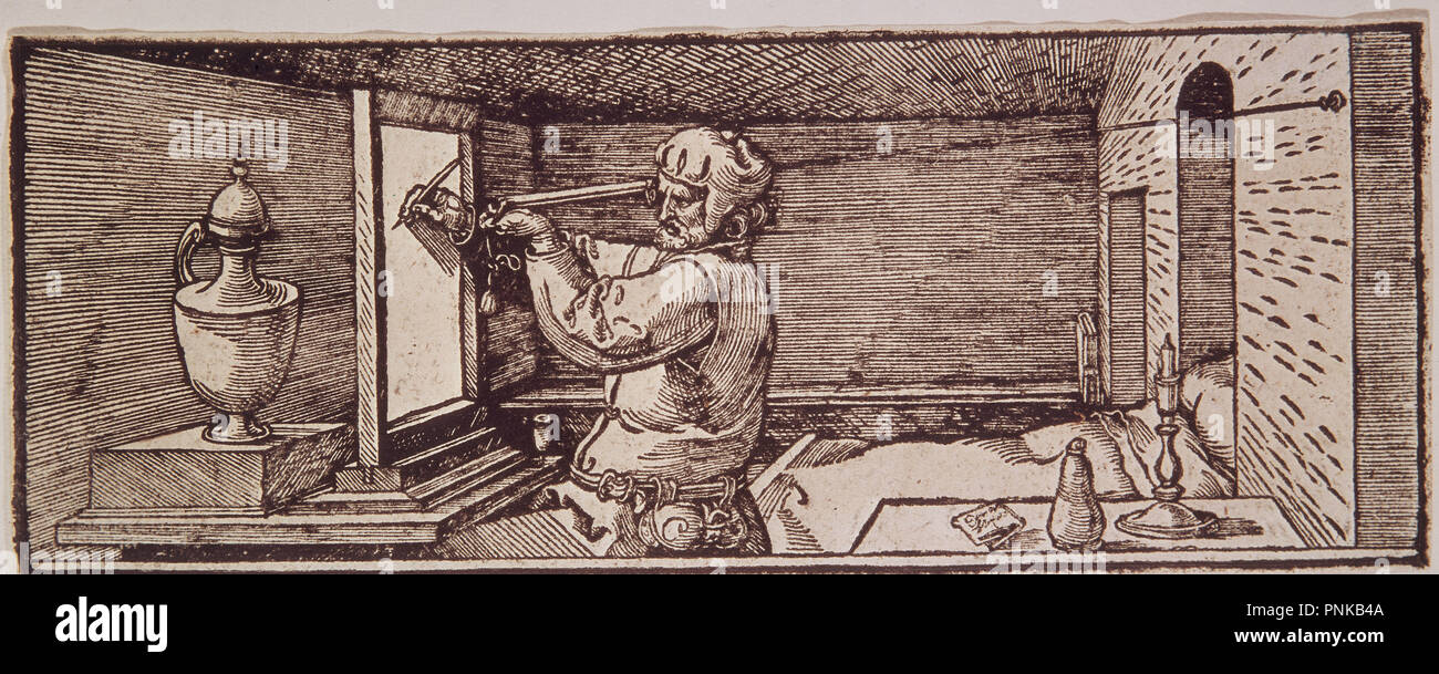 DIBUJANTE DE UNA VASIJA - XILOGRAFIA - 1538 - RENACIMIENTO ALEMAN. Auteur : Dürer, Albrecht. Emplacement : BIBLIOTECA NACIONAL-COLECCION. MADRID. L'ESPAGNE. Banque D'Images