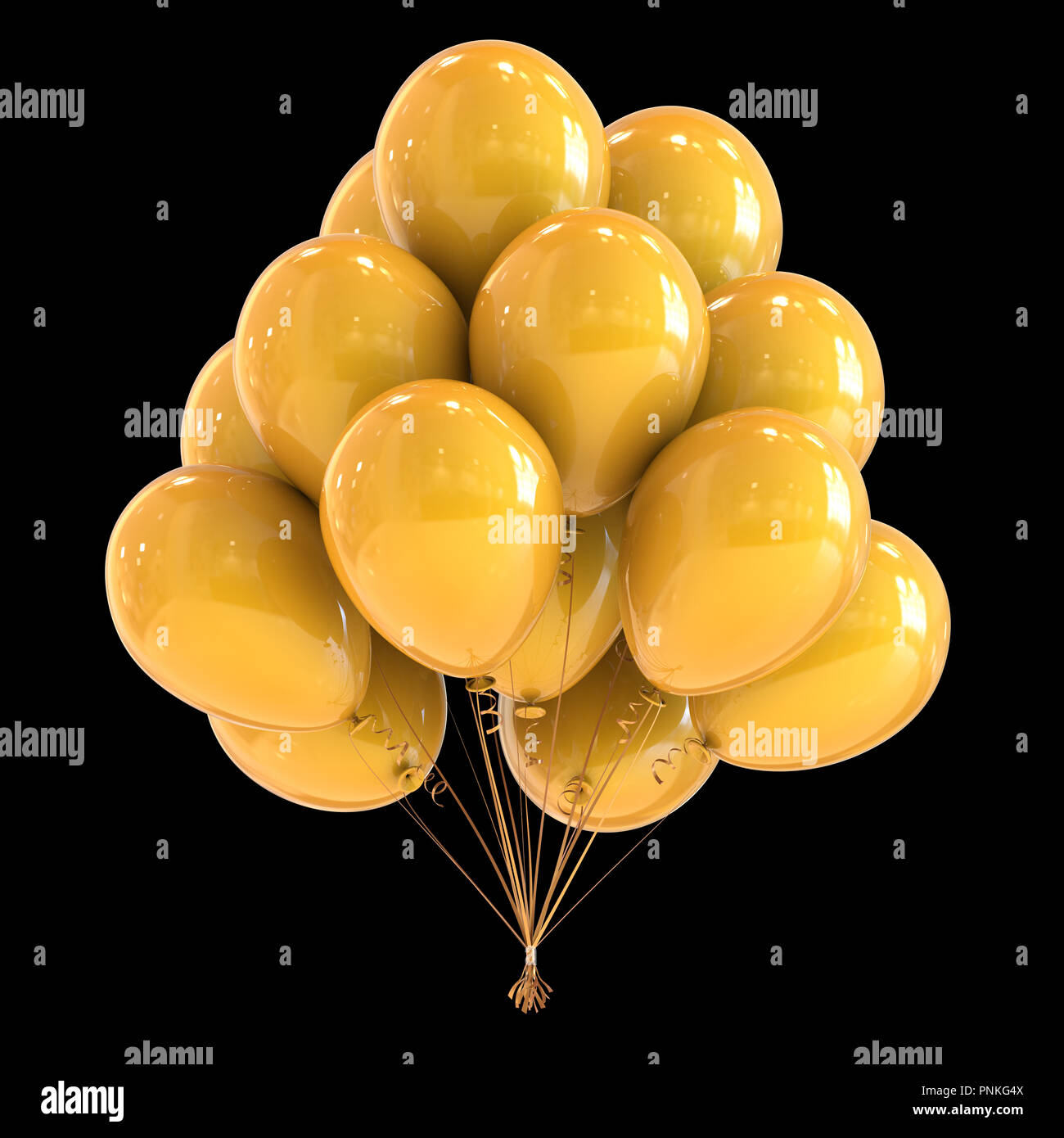 Bouquet de ballons d'anniversaire jaune brillant décoration classique. festival, fête, anniversaire de symbole. 3d illustration, isolé sur fond noir Banque D'Images