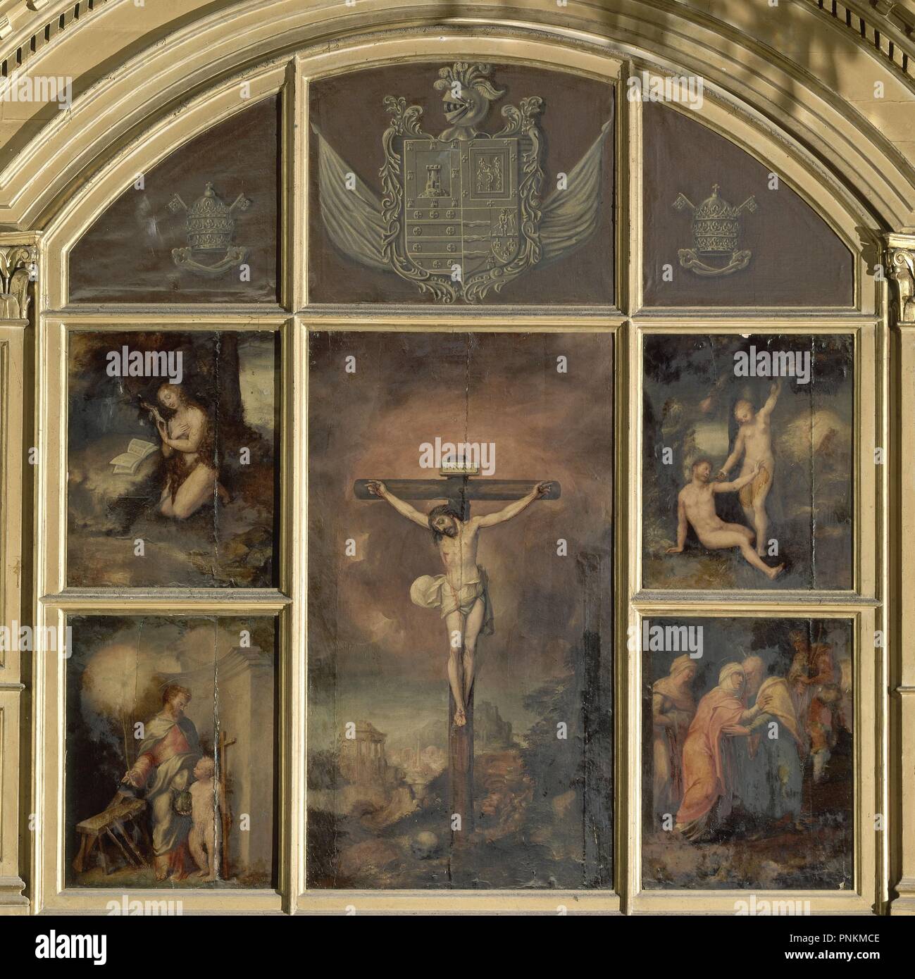 Retable DE LA CRUCIFIXION DE CRISTO - SIGLO XVI - RENACIMIENTO FLAMENCO. Auteur : CAMPAÑA, PEDRO (KEMPENEER, PEETER). Lieu : st. PETER'S CHURCH. Sevilla. Séville. L'ESPAGNE. Banque D'Images