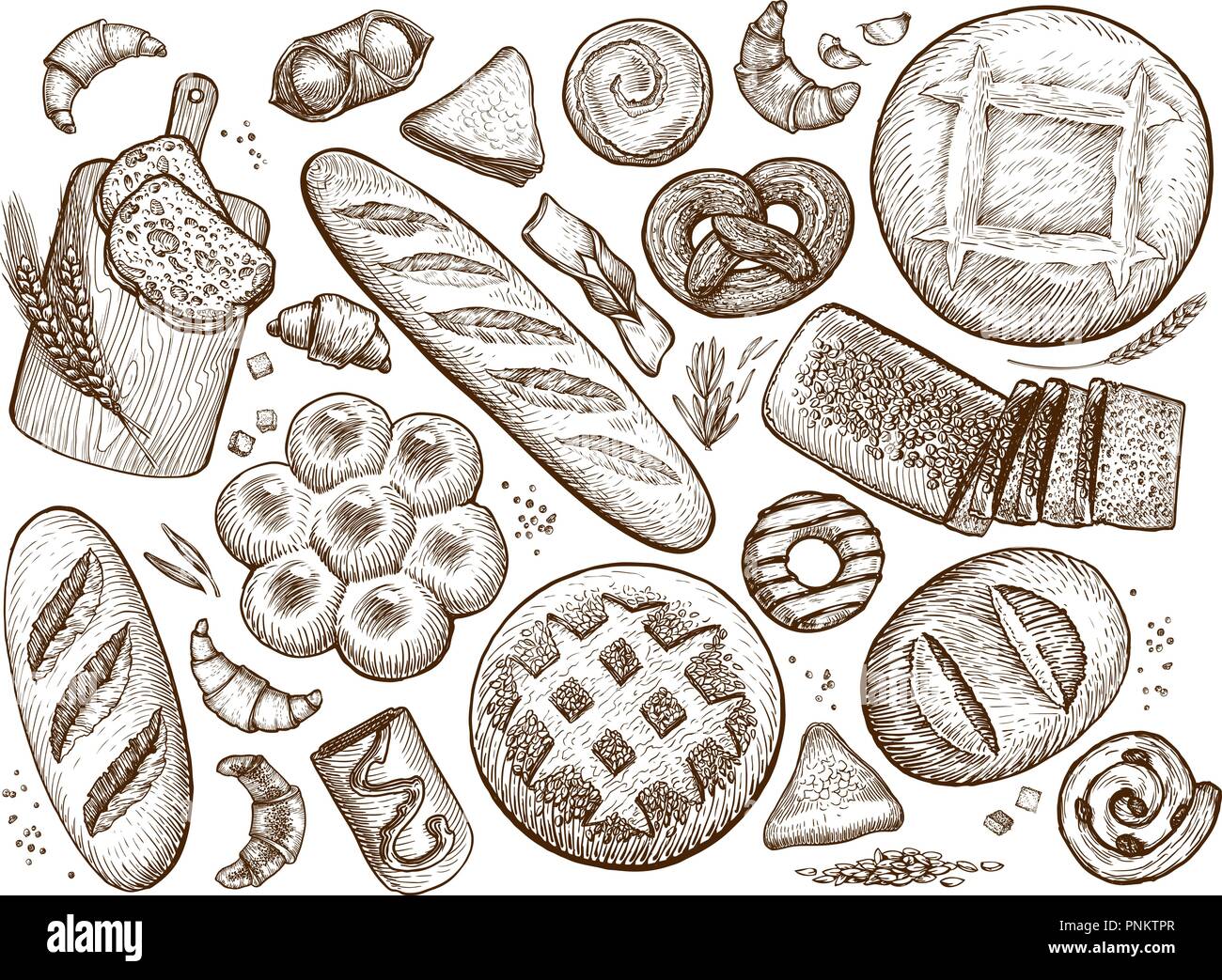 Pain, produits de boulangerie et de croquis. Boulangerie, bakeshop, food concept. Vintage vector illustration Illustration de Vecteur