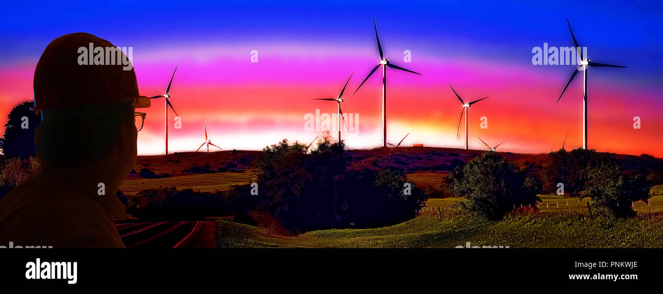 Vue surréaliste des éoliennes dans les collines du sud-ouest de l'Oklahoma . Banque D'Images