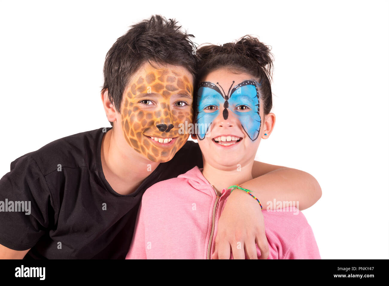 Couple avec enfants visage animal-paint en blanc isolé Banque D'Images