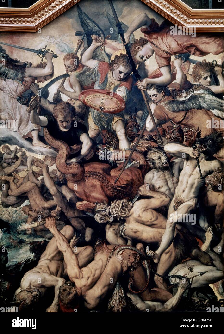 LA CAIDA DE LOS ANGELES REBELDES - 1554 - PINTURA MANIERISTA FLAMENCA. Auteur : VRIENDT Frans Floris. Lieu : MUSÉE DES BEAUX-ARTS DE MONTRÉAL. Antwerpen. Belgien. Banque D'Images