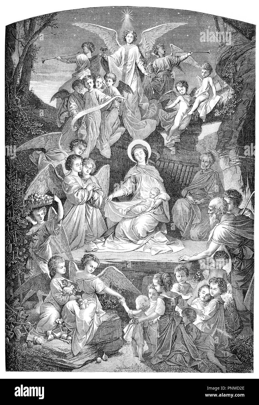 Nuit Sainte, Nativité, Sainte Marie, Joseph et l'enfant Jésus avec les anges, gravure d'époque Banque D'Images