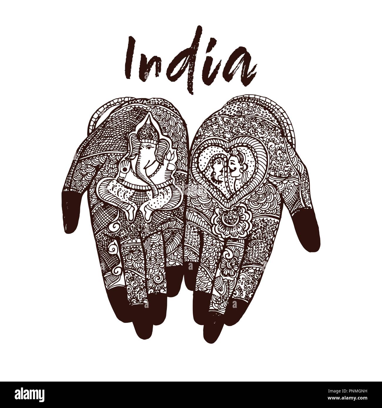 Croquis dessinés à la main, la main de style Mehndi sur eux isolé sur fond blanc. Vector illustration. Illustration de Vecteur