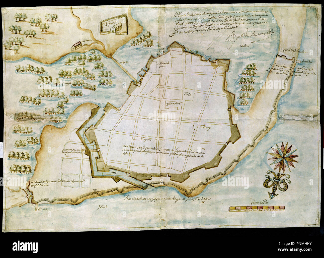 PLANTA DE CARTAGENA DE INDIAS Y SUS FORTIFICACIONES 18/4/1584 - 420x590 mm. Auteur : Bautista Antonelli. Emplacement : Archivo de Indias. Sevilla. Séville. L'ESPAGNE. Banque D'Images