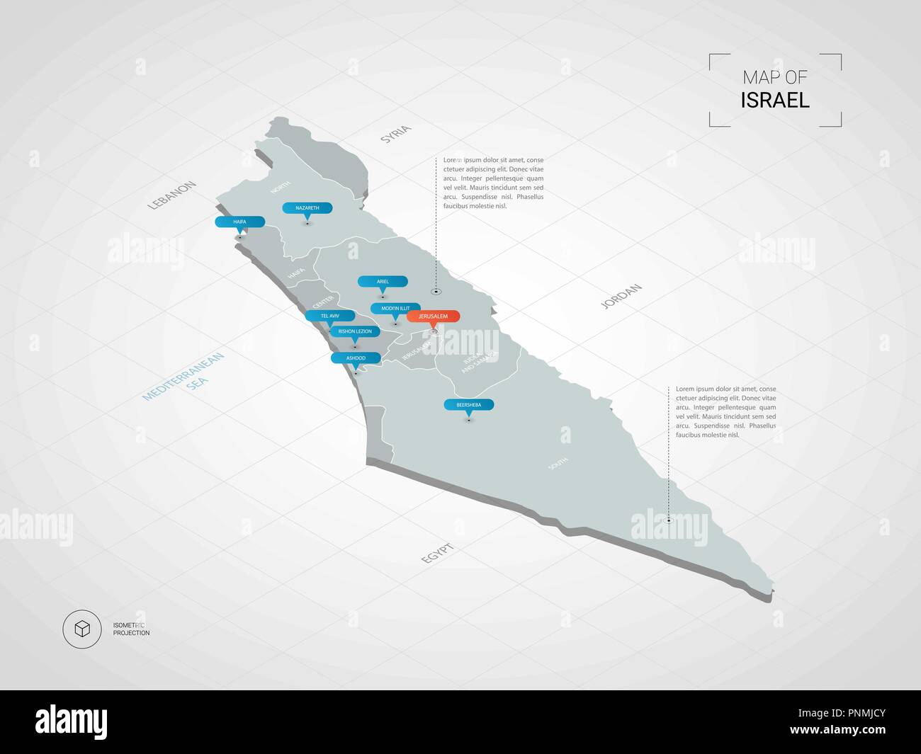 3D isométrique Israël carte. Carte vectorielle illustration stylisée avec les villes, les frontières, les capitaux, les divisions administratives et marques ; pointeur background gradient Illustration de Vecteur