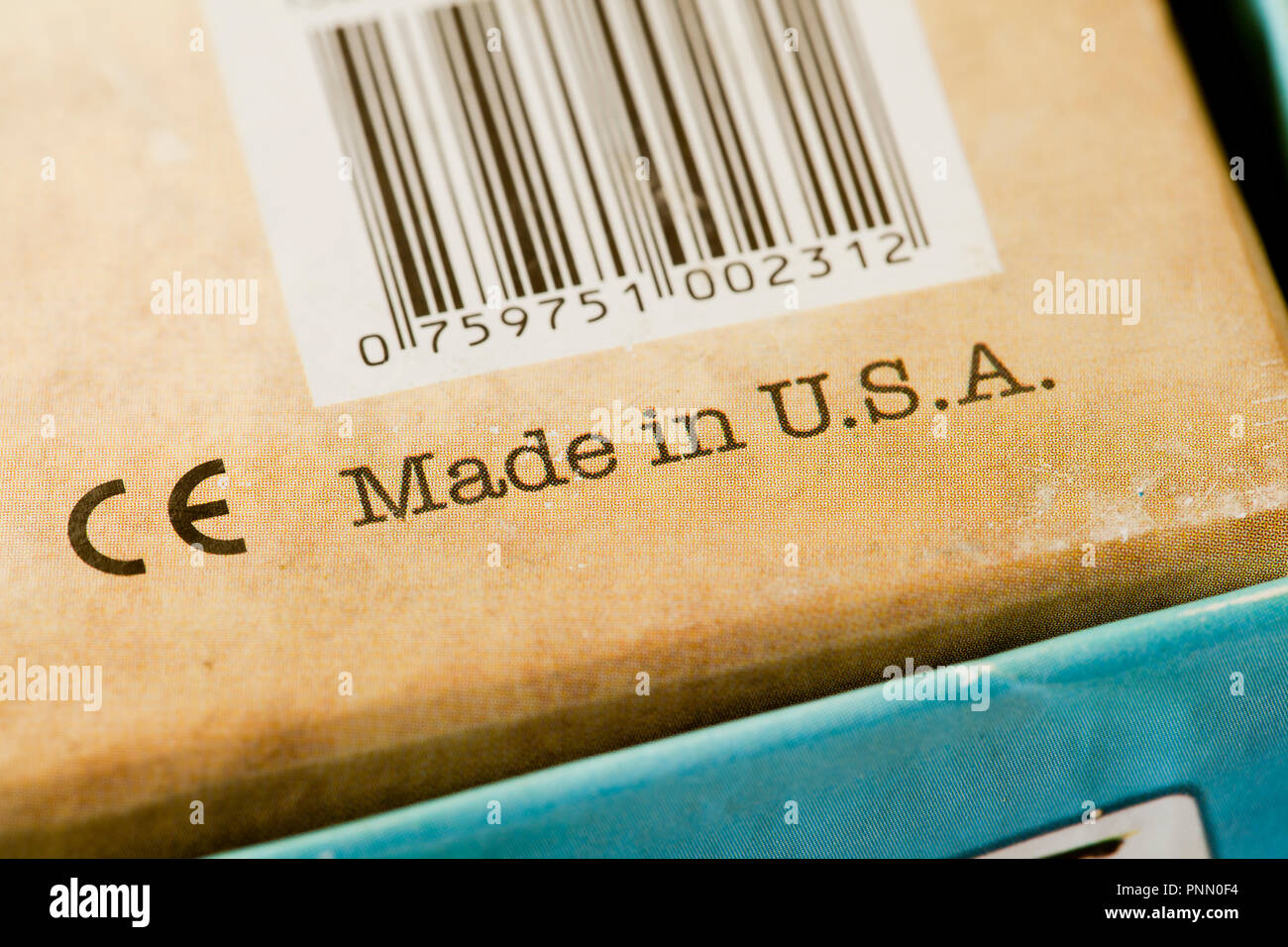 Made in USA label on children's toy box - USA Banque D'Images