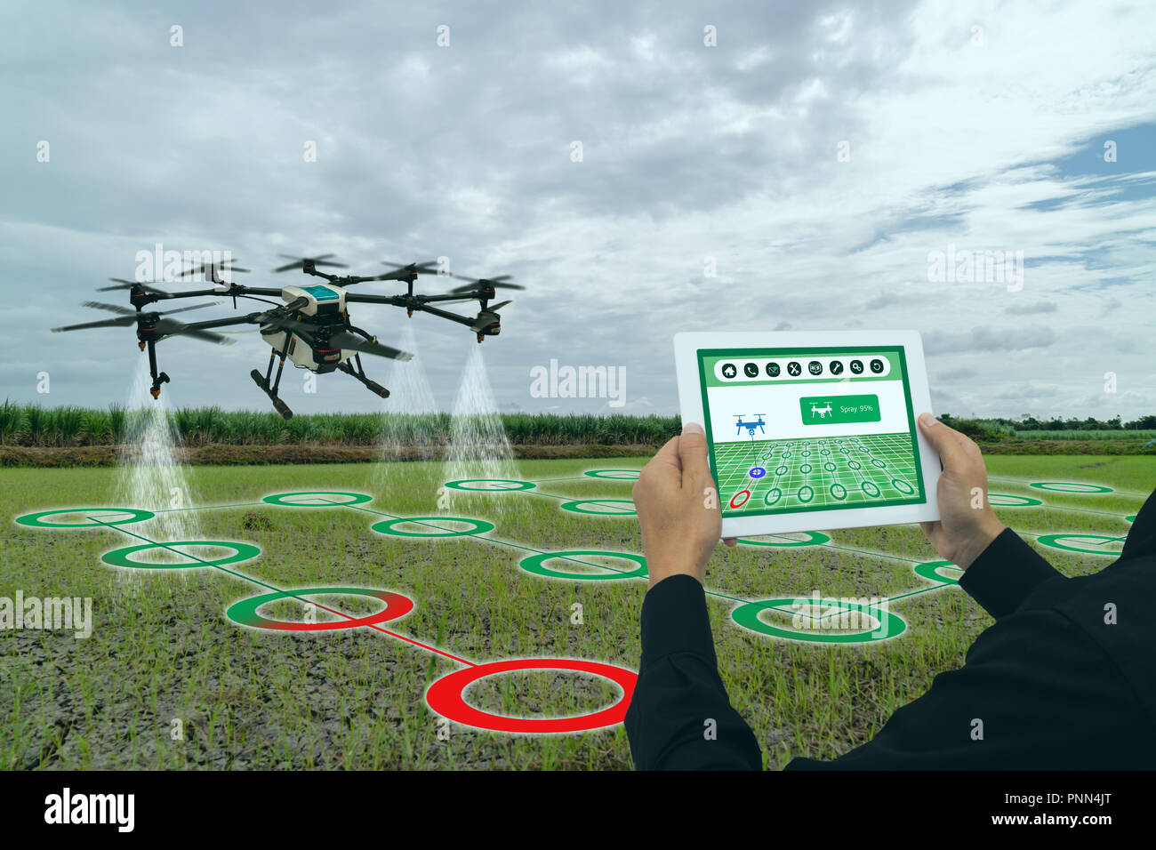L'industrie de l'agriculture intelligente ito 4.0 concept, drone (en  précision ferme) pour utiliser une pulvérisation d'eau, d'engrais ou de  produits chimiques pour le domaine agricole, pour la croissance d'un yi  Photo Stock -