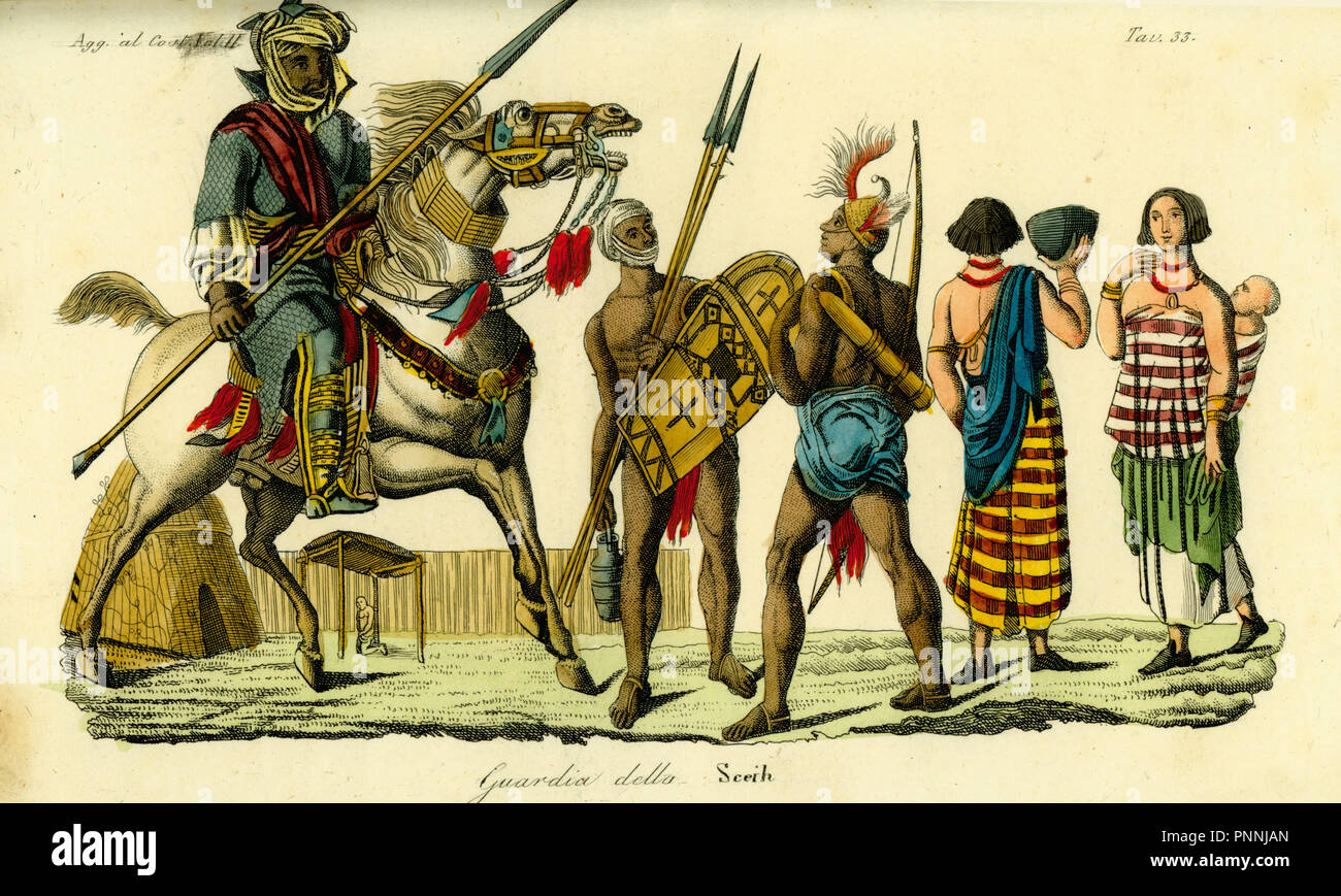 Monté à la garde du corps de Cheikh Bornou avec Kanembu lancier et archer Munga, empire Kanem-Bornu, 19e siècle. Coloriée à la gravure sur cuivre de Giulio Ferrario Costumes d'antique et moderne des peuples du monde, Florence, 1834. Banque D'Images