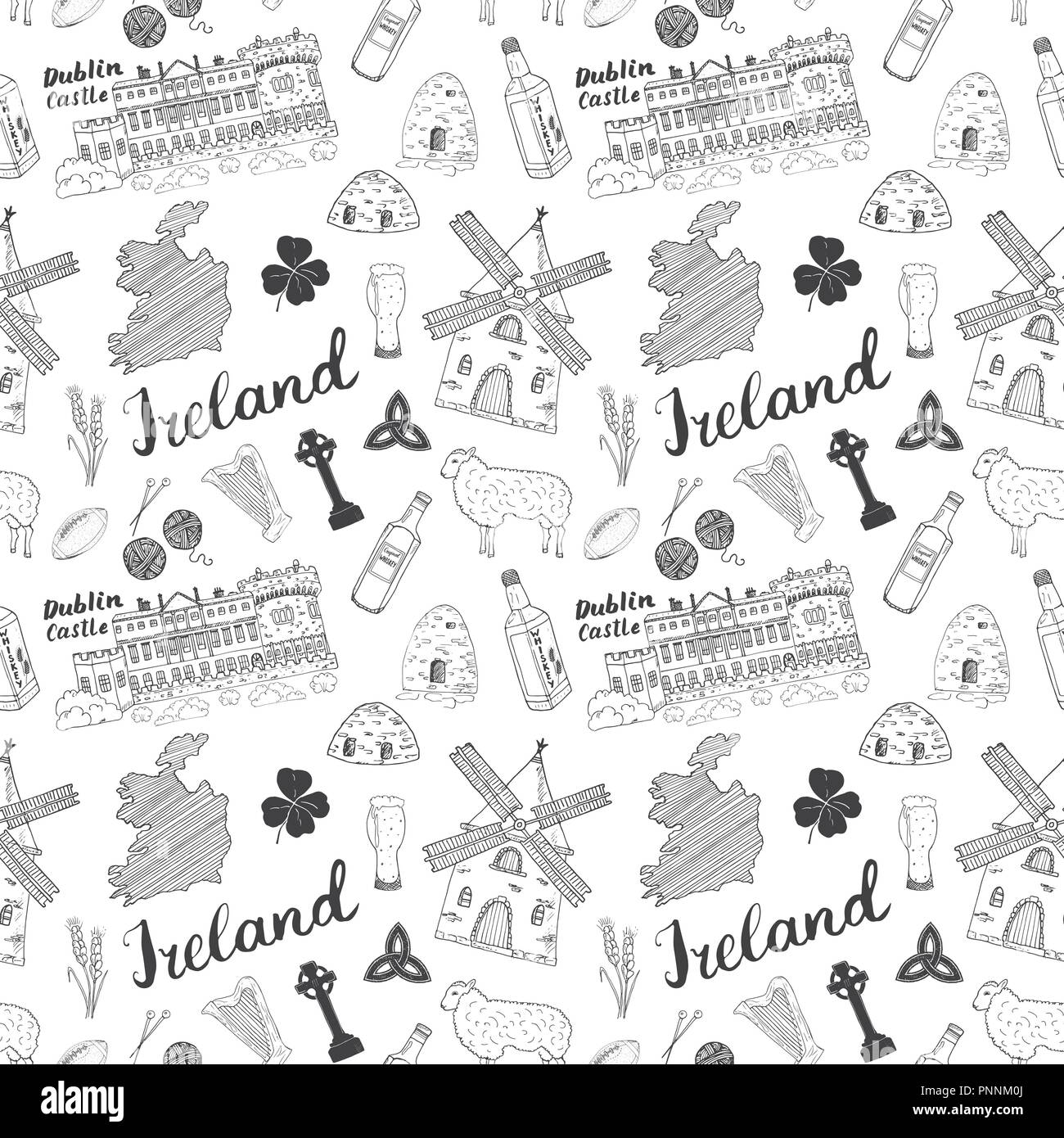 L'Irlande Sketch Doodles. Transparente Éléments irlandais avec drapeau et carte de l'Irlande, croix celtique, château, Shamrock, harpe celtique, Moulin et les moutons, Whi Illustration de Vecteur