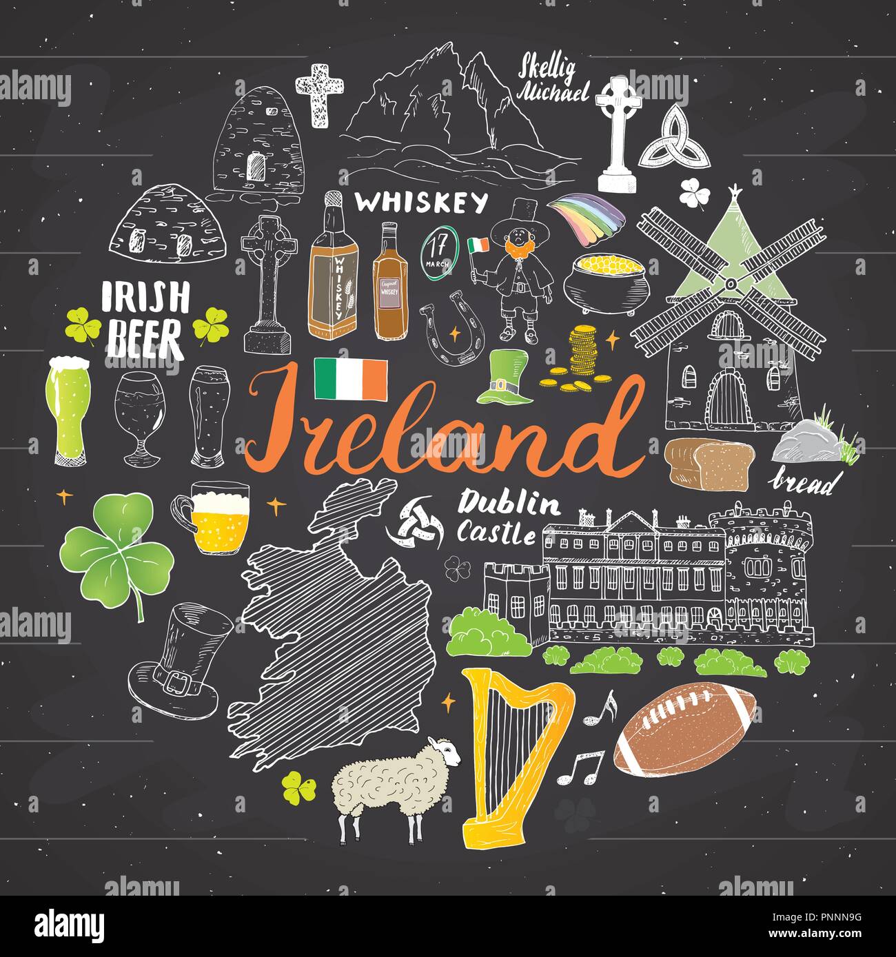 L'Irlande Sketch Doodles. Les éléments dessinés à la main, ensemble avec le drapeau irlandais et la carte de l'Irlande, croix celtique, château, Shamrock, harpe celtique, Mill et de moutons, fouetter Illustration de Vecteur