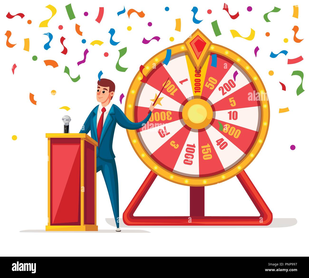 La roue de fortune avec des hommes et les confettis. Jeu de roues ,gagnant jouer chance télévision style. Vector illustration isolé sur fond blanc. Illustration de Vecteur