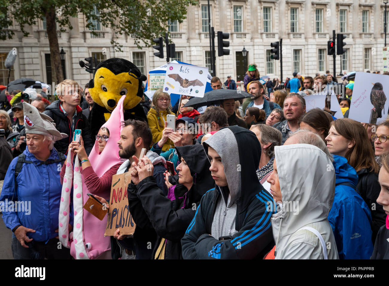 Londres, Royaume-Uni. 22 septembre 2018. Les peuples Marche pour la faune. Campagne pour sauver la faune. Un rassemblement à Hyde Park a été abordée par le radiodiffuseur et naturaliste Chris Packham et ses ambassadeurs. Les manifestants alors marché jusqu'à Richmond Terrance en face de Downing Street, beaucoup de lecture du son de chants. Chris Packham adressées à la procession, puis a pris un groupe de militants plus jeunes avec lui pour présenter une pétition au 10 Downing Street. Organisé par Chris Packham. Crédit : Stephen Bell/Alamy Live News. Banque D'Images