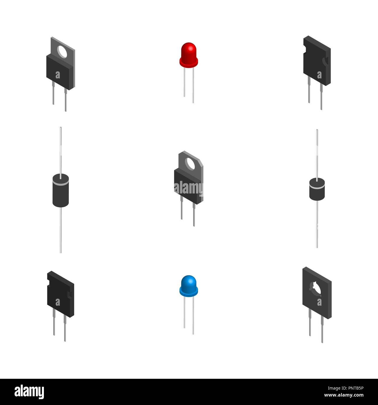 Ensemble de composants électroniques actifs et passifs isolé sur fond blanc. Télévision 3D isométrique, style vector illustration. Illustration de Vecteur