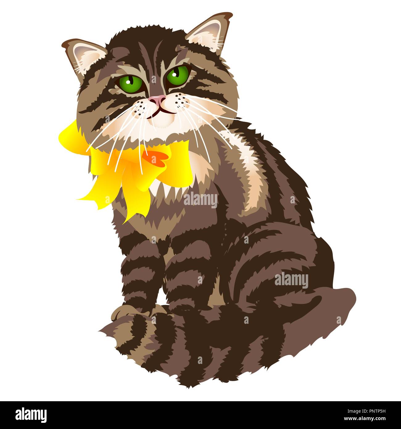 Mignon fluffy cat yellow ribbon bow isolé sur un fond blanc. Cartoon Vector illustration close-up. Illustration de Vecteur
