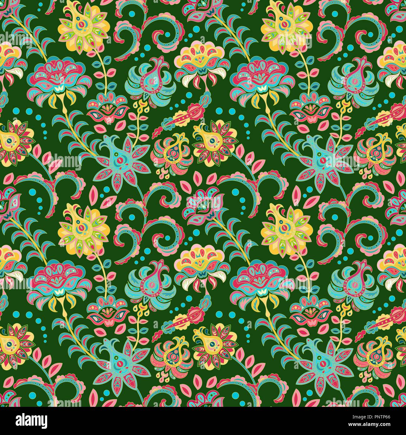 Seamless floral background.fleurs colorées et leafs sur fond vert. Vector illustration. Illustration de Vecteur