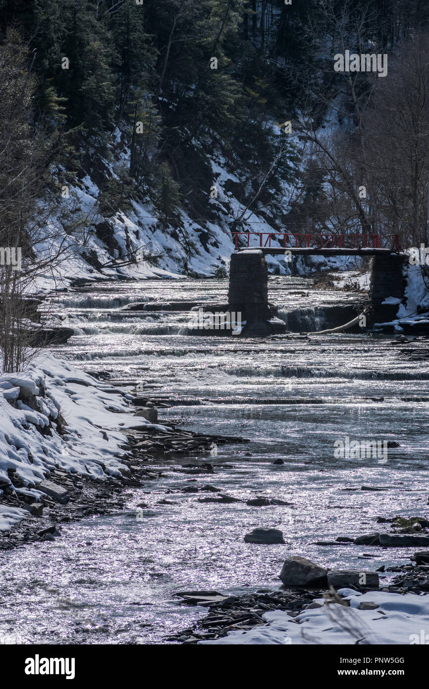 Une belle rivière coule gracieusement pendant l'hiver de neige et de glace sur les rives Banque D'Images