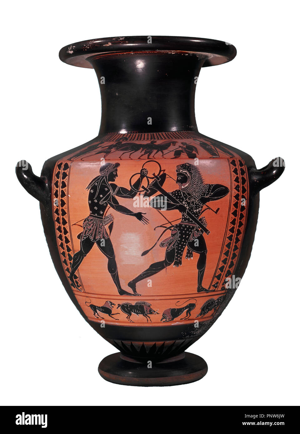 Vase de la 'peintre de Madrid". Les travaux d'Hercule : lutte contre Apollo pour le trépied de Delphes. 520 (C.-B.). Madrid, Musée National d'archéologie. Emplacement : Museo arqueologico NACIONAL-COLECCION. MADRID. L'ESPAGNE. Banque D'Images