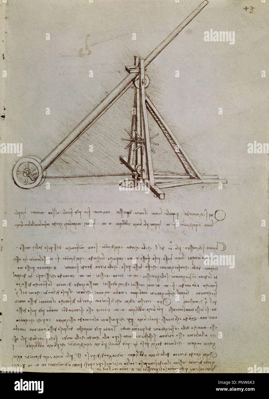 La PAGE 37 DU TRAITÉ DE LA STATIQUE ET MÉCANIQUE - manuscrit - 15e siècle - Renaissance italienne. Auteur : LÉONARD DE VINCI. Emplacement : BIBLIOTECA NACIONAL-COLECCION. MADRID. L'ESPAGNE. Banque D'Images