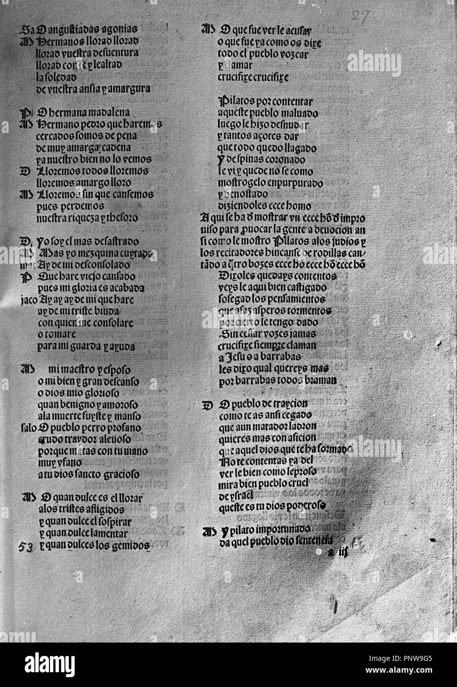 AUTO DE LA PASSION - SIGLO XVI - PIEZA TEATRAL CON ACOMPAÑAMIENTO MUSICAL. Auteur : FERNANDEZ, LUCAS. Emplacement : BIBLIOTECA NACIONAL-COLECCION. MADRID. L'ESPAGNE. Banque D'Images