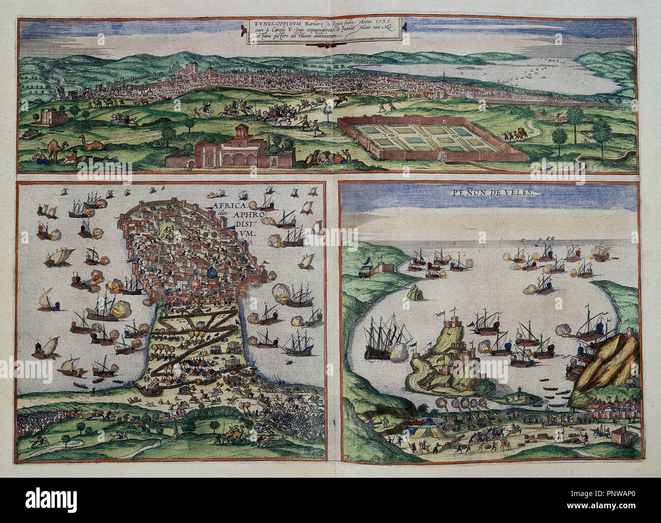CIVITATES ORBIS TERRARUM - TUNEZ, l'Afrique Y PEÑON DE VELEZ - Gravure - siglo XVI. Auteur : GEORG BRAUN 1541-1622 / HOGENBERG FRANS. Emplacement : PALACIO REAL-BIBLIOTECA. MADRID. L'ESPAGNE. Banque D'Images