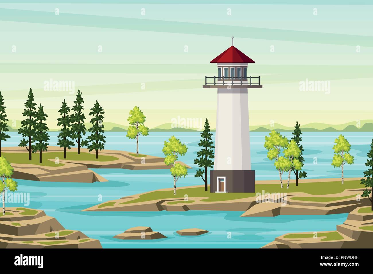 Paysage d'été avec phare, les arbres et l'eau Illustration de Vecteur