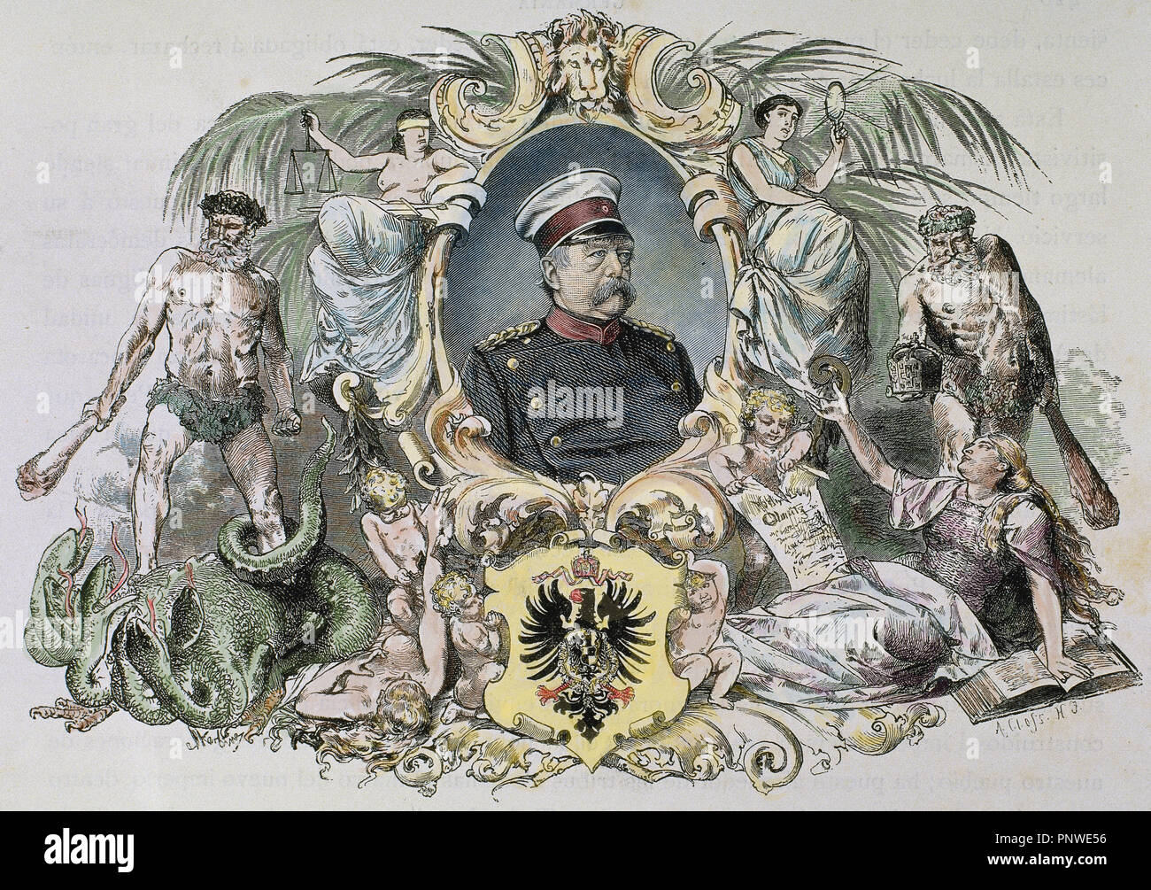 BISMARCK, Otto-Leopold, Prince de (Schonhauser, 1815-Friedrichsruhe, 1898). Homme d'État allemand. Proclamé Chancelier de l'Empire en 1871. En 1890 Guillaume II l'ont forcé à démissionner. Gravure de A. Closs. De couleur. Banque D'Images