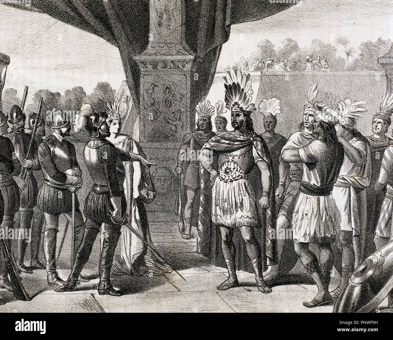 MOCTEZUMA II (1467-1520). 'Thatoani Noveno' o rey de México-Tenochtitlan (1502-1520). 'PRISION DE MOCTEZUMA POR ORDEN DE HERNAN CORTES'. S. XVI. Gravure del año 1875. S. XIX. Banque D'Images