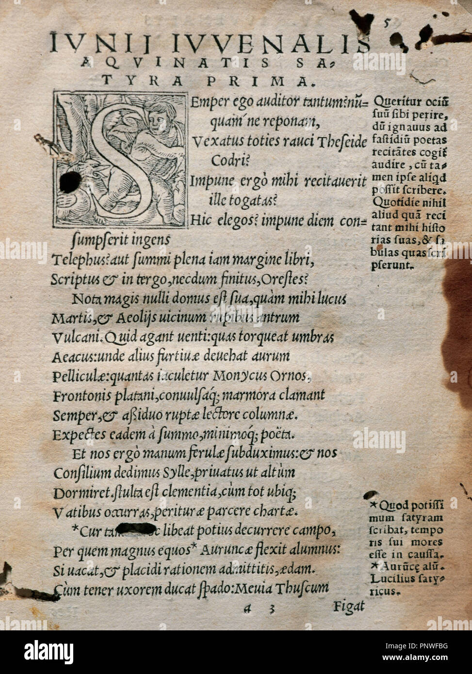 Decimus Iunius Iuvenalis (Juvénal). 1re - 2e siècles. Le poète romain. Satires. Début de la première satire. Leyde, 1532. Banque D'Images