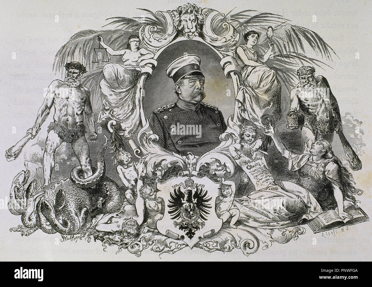 BISMARCK, Otto-Leopold, Prince de (Schonhauser, 1815-Friedrichsruhe, 1898). Homme d'État allemand. Proclamé Chancelier de l'Empire en 1871. En 1890 Guillaume II l'ont forcé à démissionner. Gravure de A. Closs. Banque D'Images