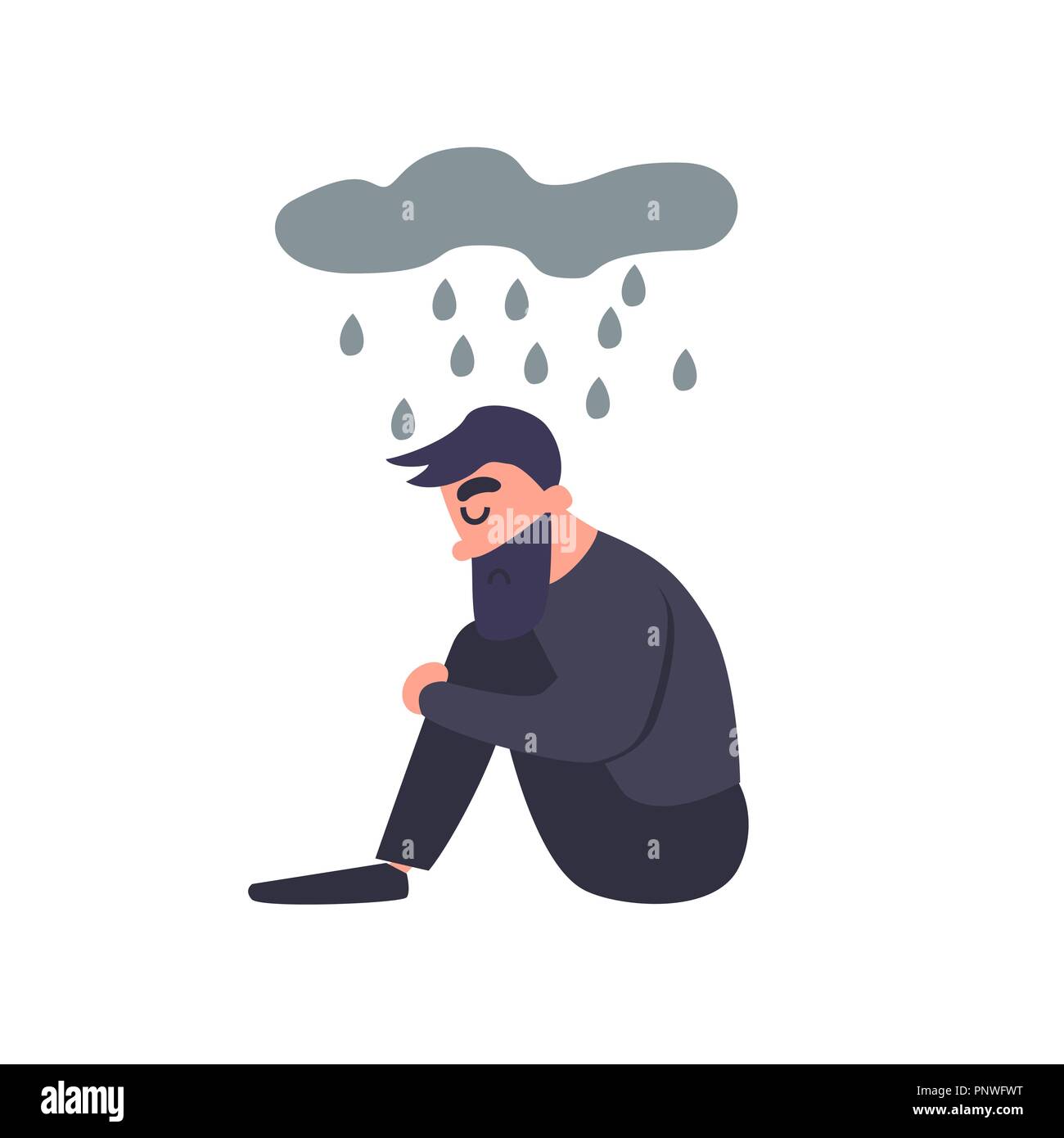 Triste homme est assis sous la pluie. Morne tristesse seul déprimé jeune homme pense à la bad. Guy malheureux. Trouble mental. Illustration de Vecteur
