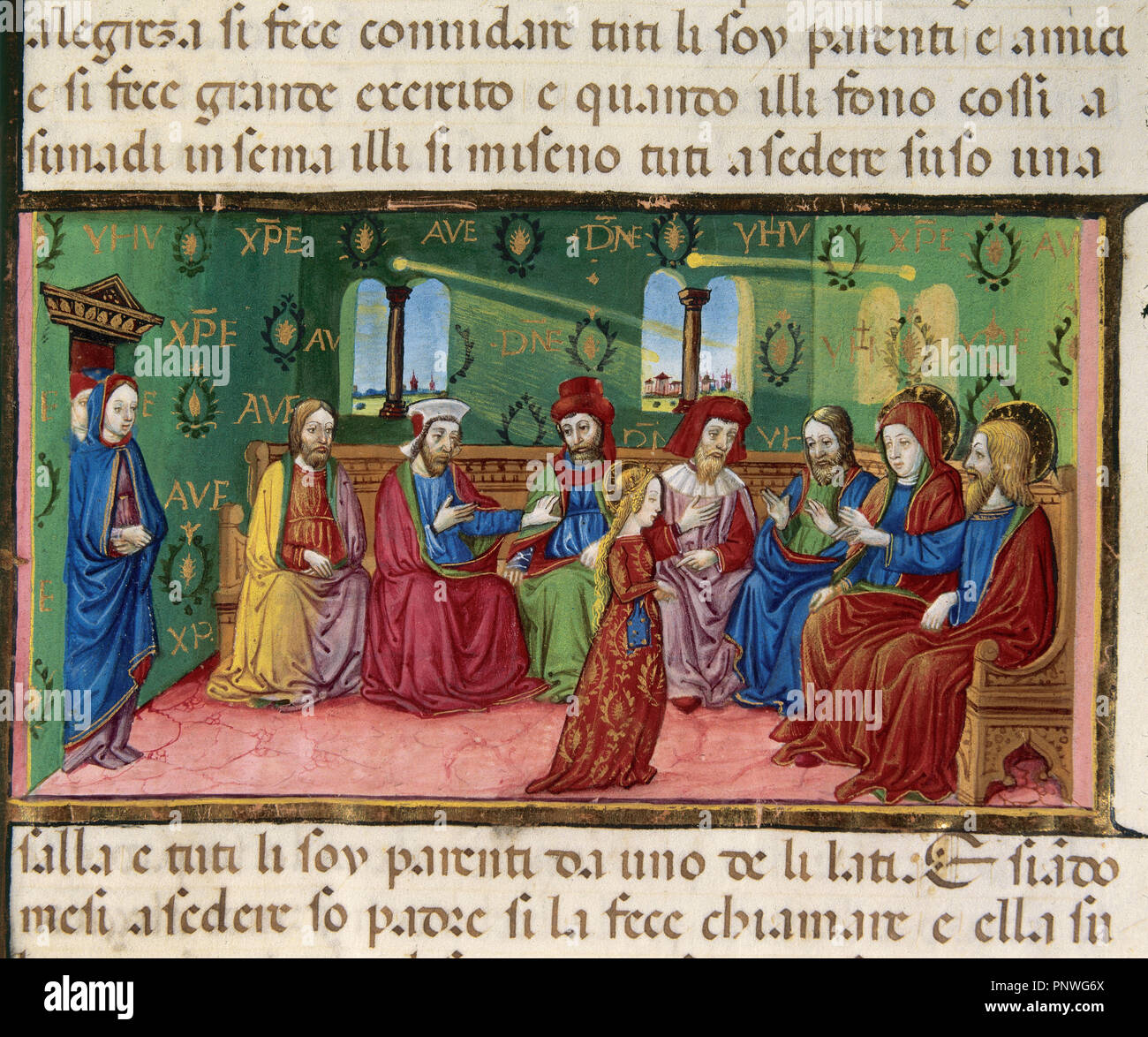 Marie est présentée au père d'amis. Le Codex de Predis (1476). Bibliothèque royale. Turin. L'Italie. Banque D'Images