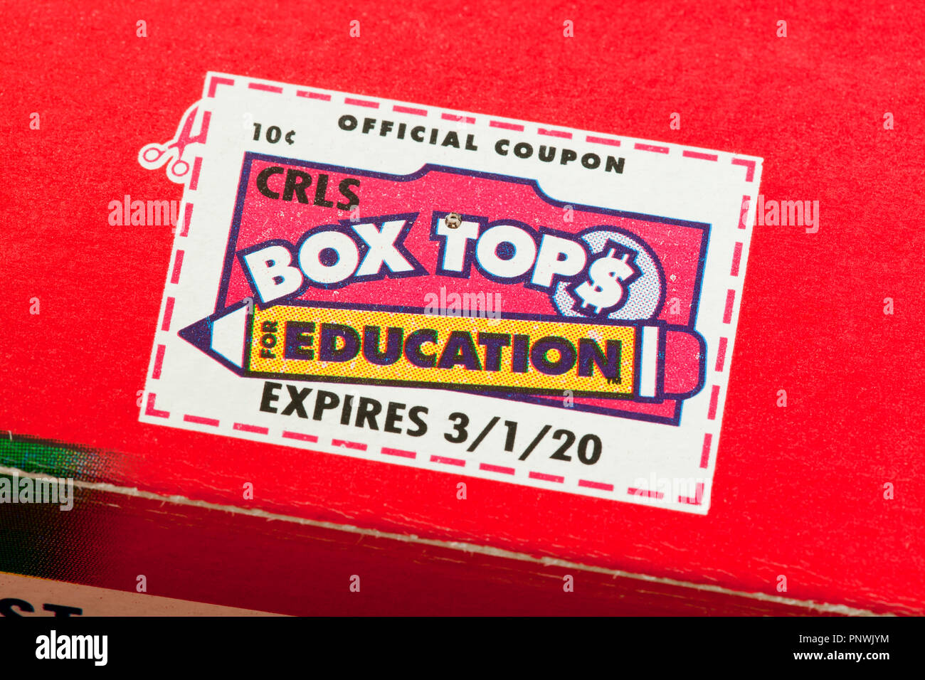 Box Tops coupon (Box Tops for Education) sur boîte de céréales - USA Banque D'Images