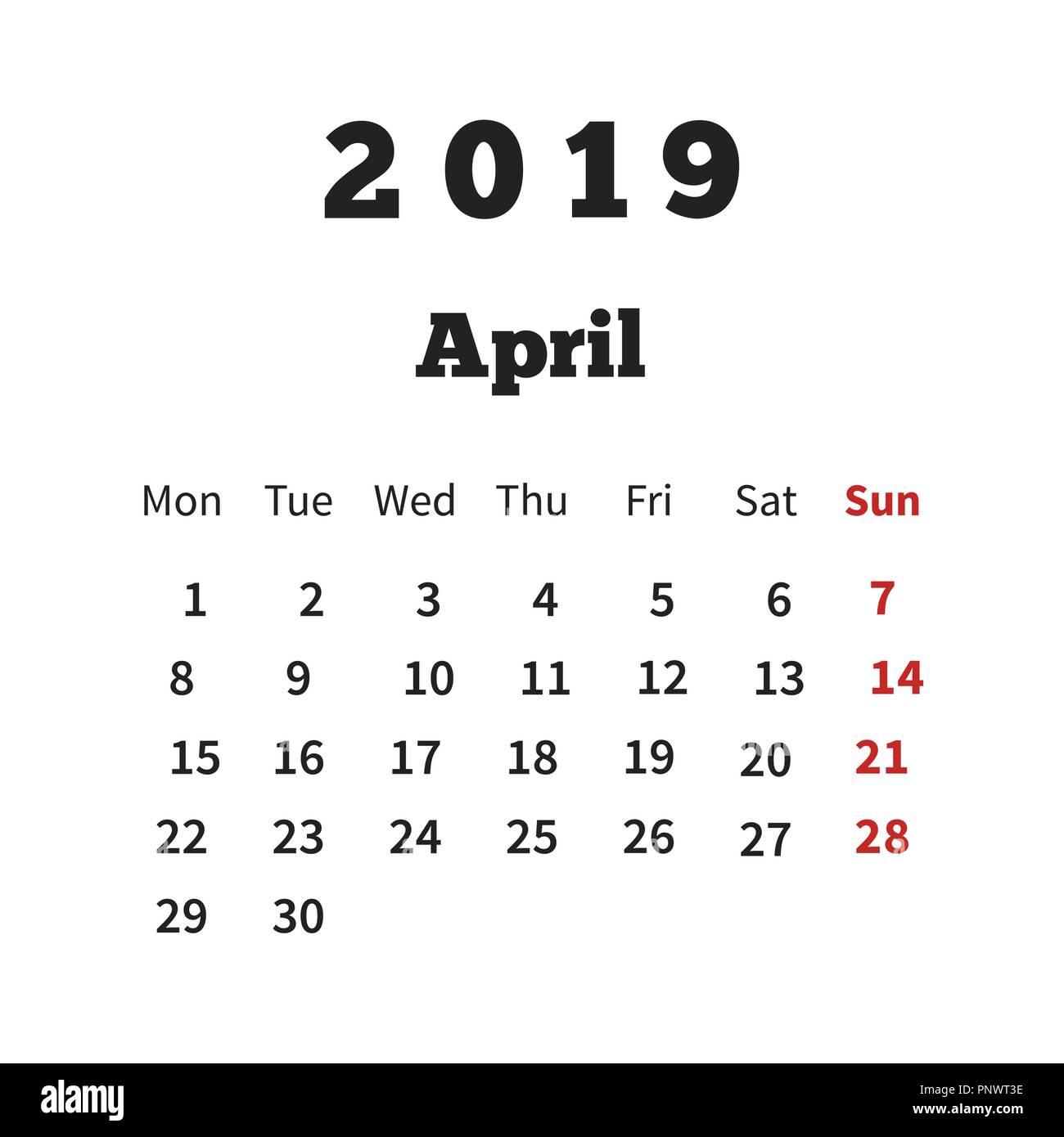 Simple calendrier sur l'année 2019 avril semaine à partir de lundi on white Illustration de Vecteur