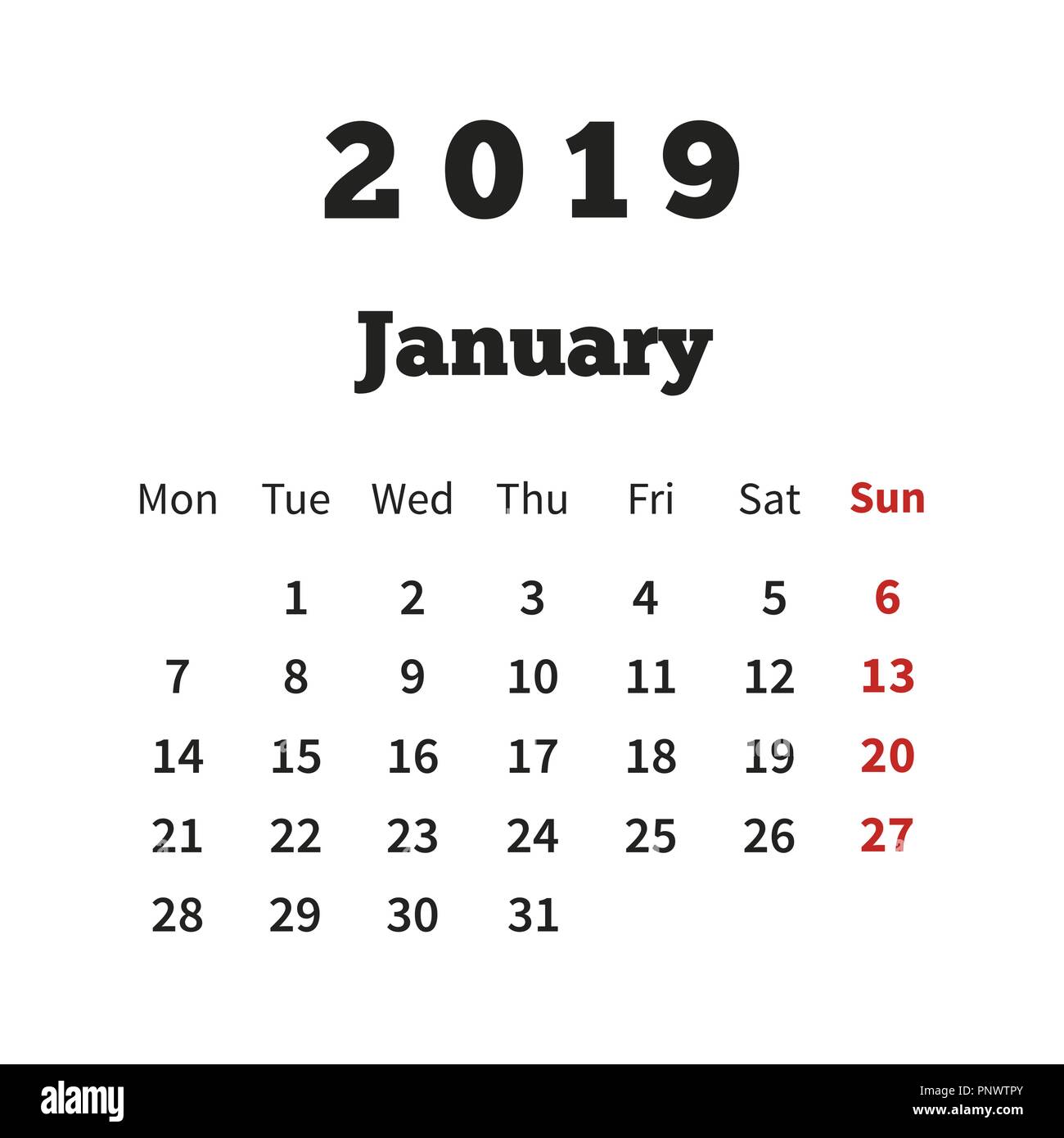 Simple calendrier sur l'année 2019 janvier avec semaine à partir de lundi on white Illustration de Vecteur