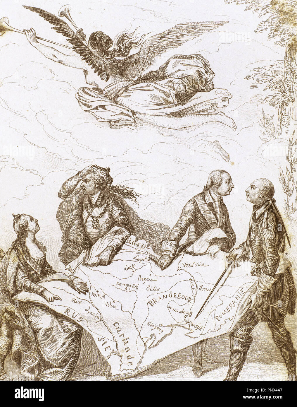 Allégorie de la première partition de la Pologne, 1772. Après la peinture de Moreau. La gravure. Banque D'Images