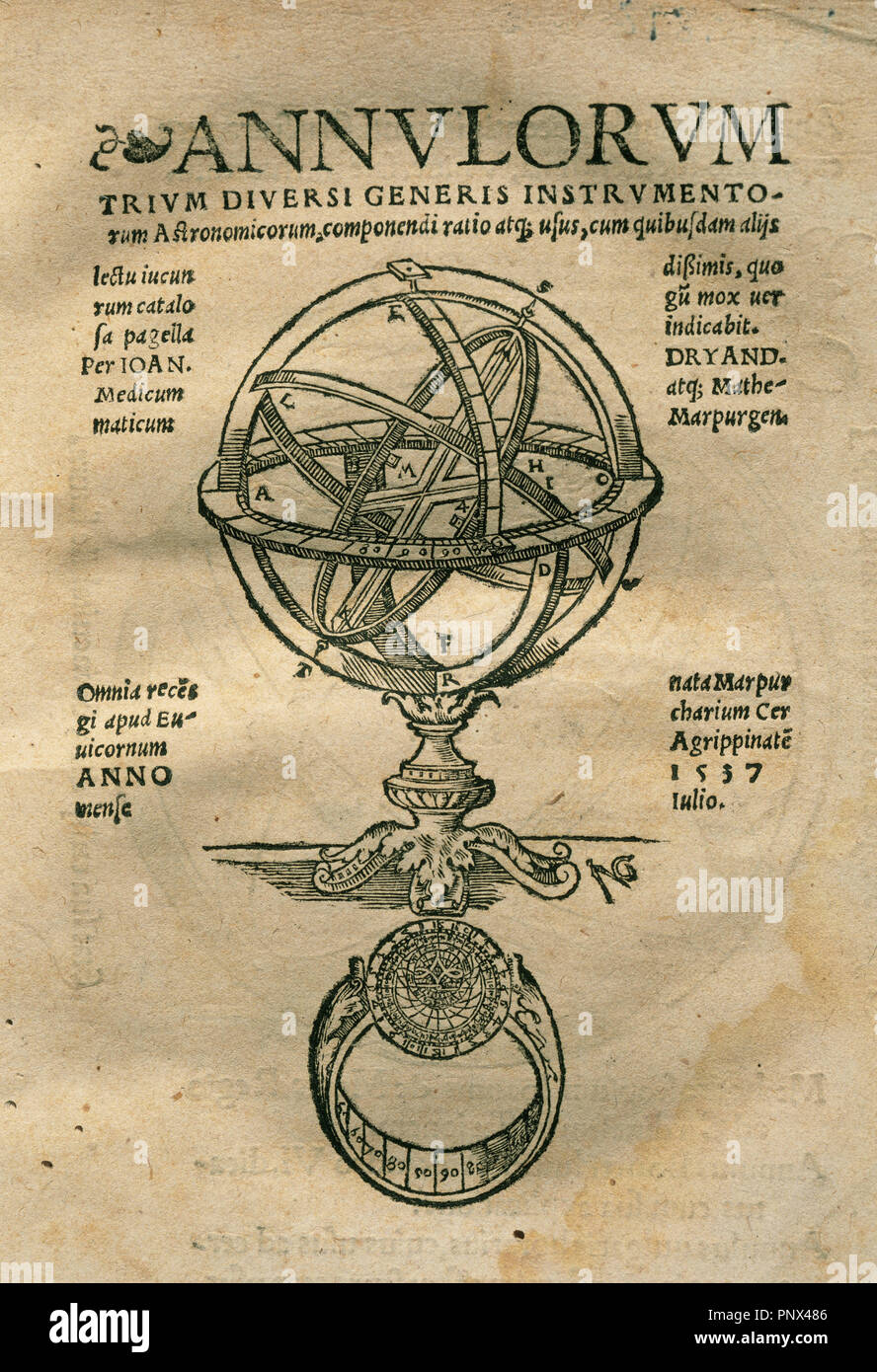 Johann Dryander (1500-1560). Anatomiste allemand et astronome. Annulorum. Titre concernent, 1537. Banque D'Images
