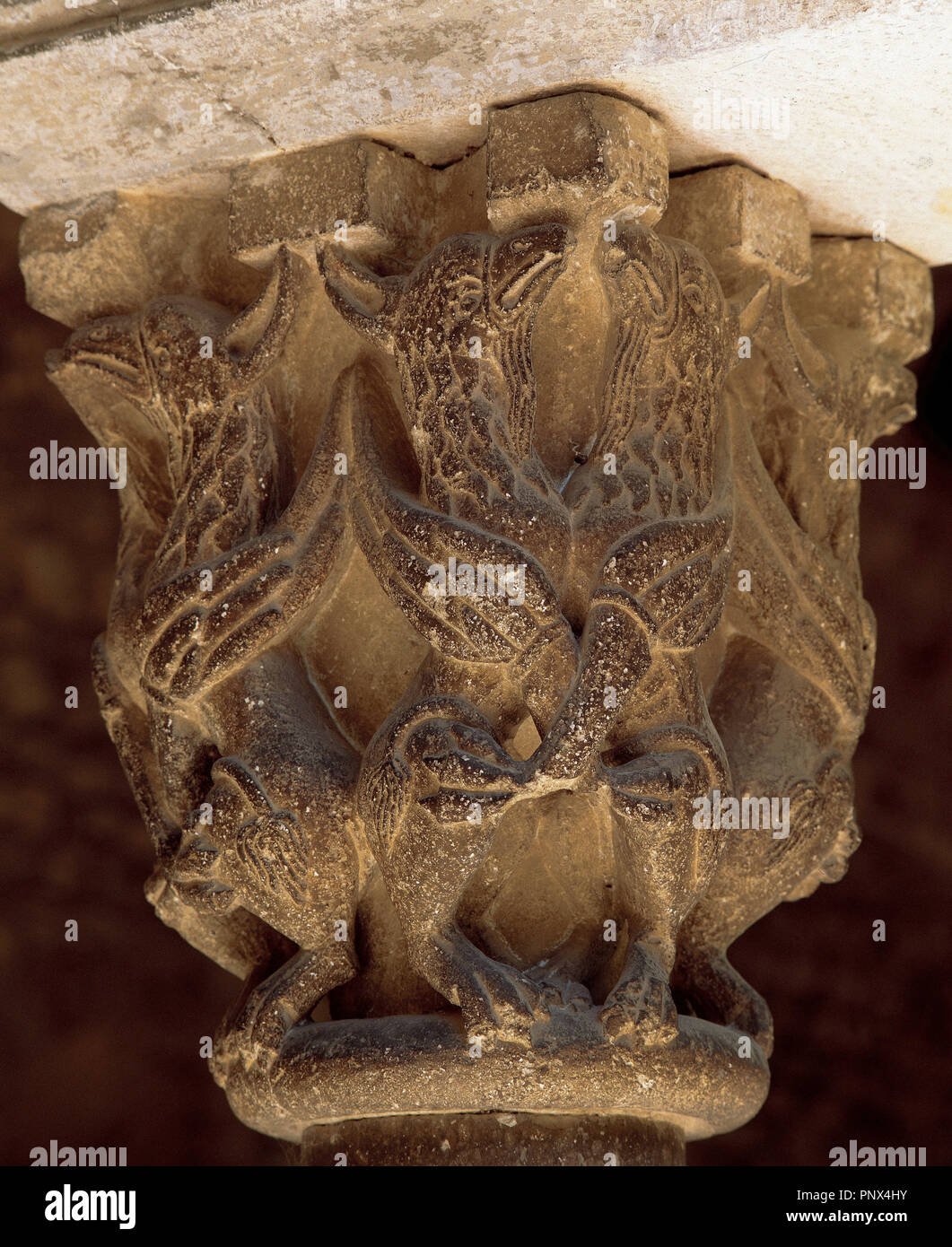 Monastère de Sant Cugat. Capitale du cloître décoré. Détail montrant winged animaux fantastiques.12ème siècle. Style roman. Sant Cugat del Valles, province de Barcelone, Catalogne, Espagne. Banque D'Images