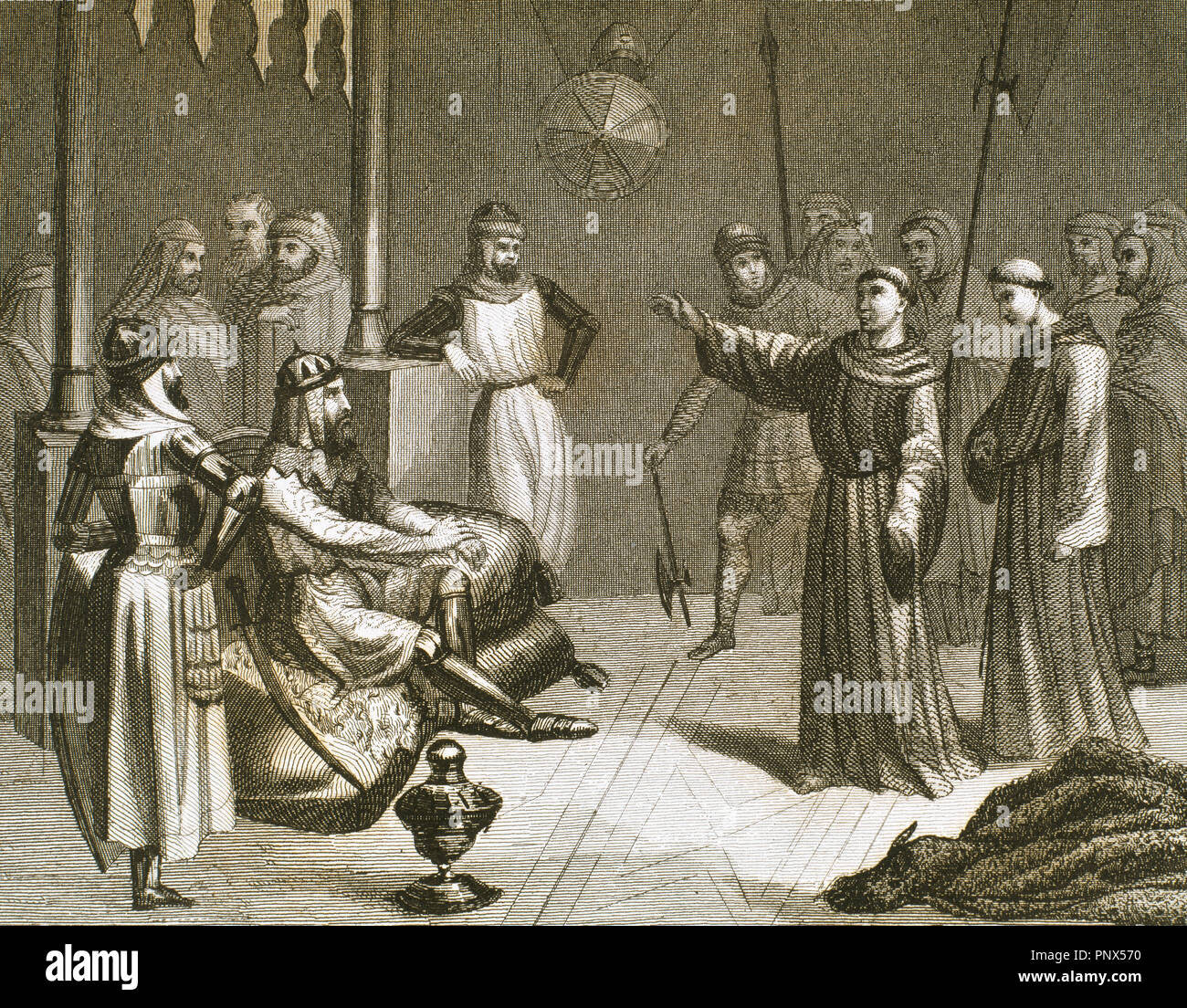 Rencontre entre Saint François d'assise (1181/1182-1226) et le Sultan Malek-el-Kamel (1180-1238) dans la région de Alexandria (Égypte). Gravure, 1851. Banque D'Images